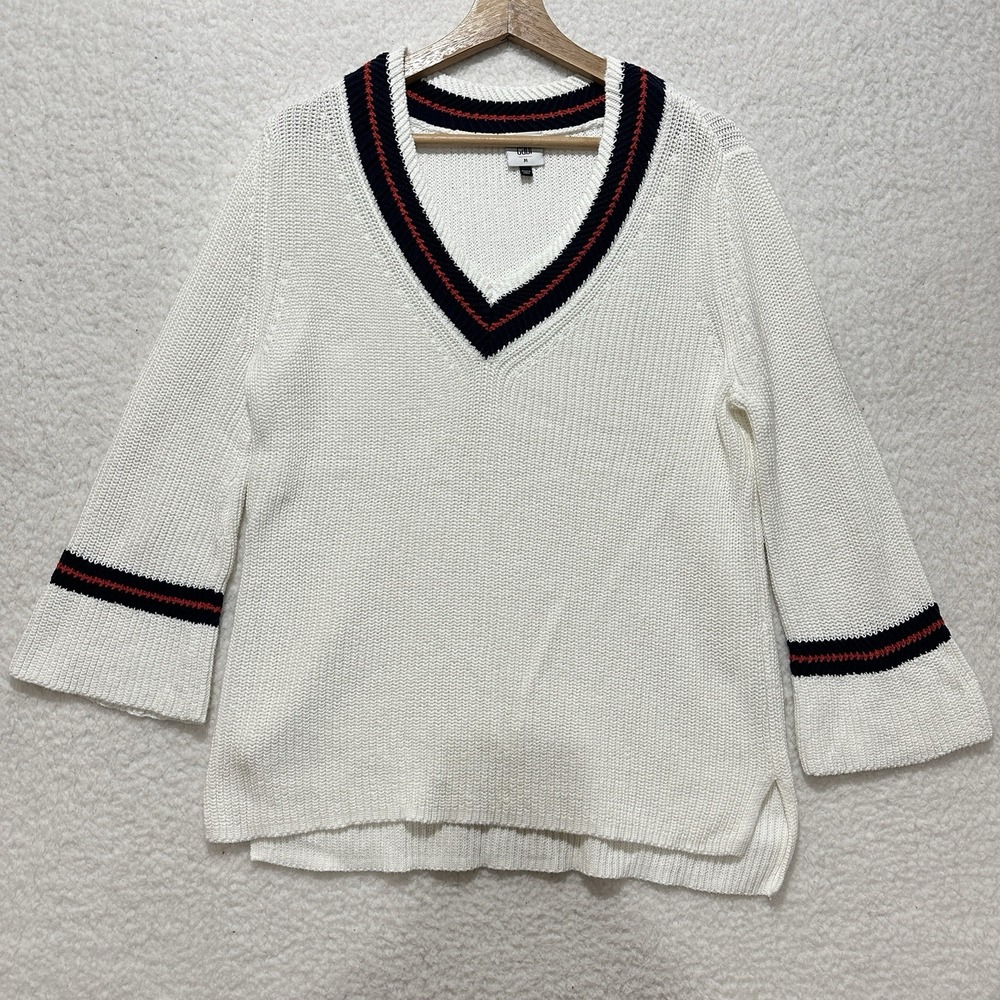 Cabi Ace White Blue Nautical‎ Tennis V-neck pullover Bell Sleeve Sweater M